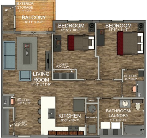 Floor plan for 2 beds, 1 bath, 878 sqft